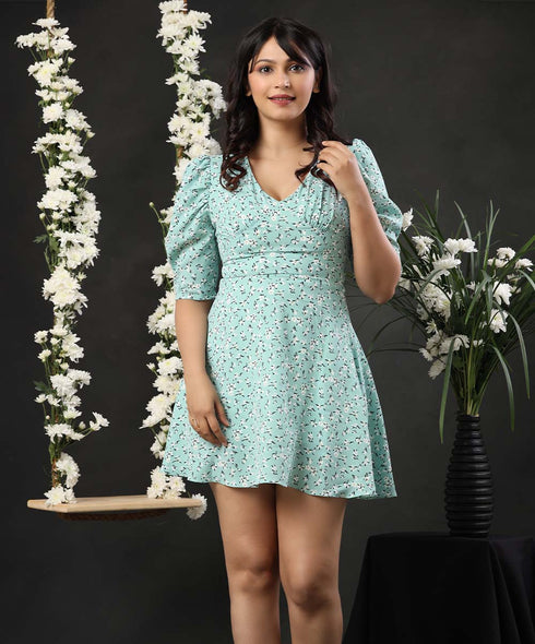 Puff Sleeve Vneck Floral Print Dress